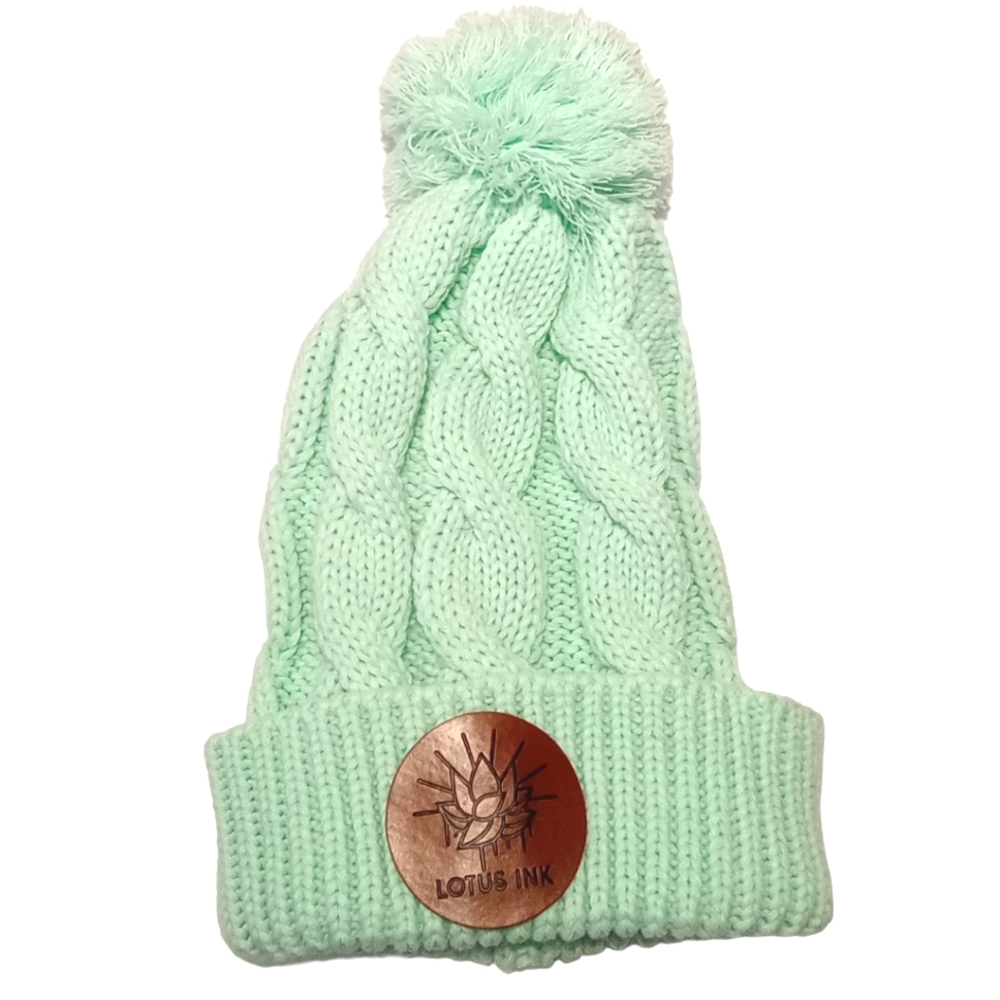 Winter Leather Patch "Lotus Ink" Chunky Cable Twist Cuff & Pom Knit Mint Beanie